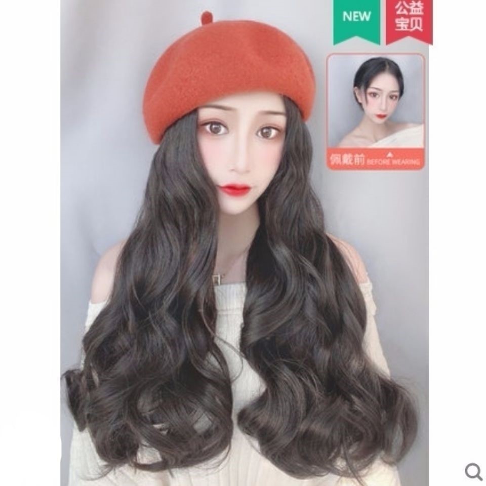 모자가발 항암 모자 쓴 가발 여일체 추동 패션 롱 헤어 베레모 그물 레드 롱 웨이브 풀커버 : 완펀치