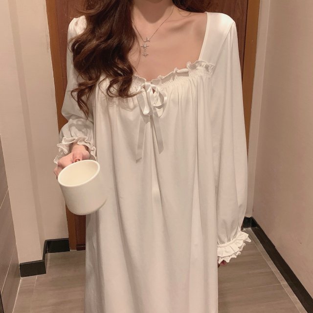 베이비모카 모찌 레이스 프릴 실크 면 화이트 여성 공주 홈웨어 파자마 실내복 원피스 잠옷 : 베이비모카