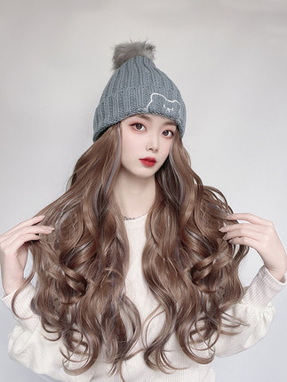 모자가발 항암 가발모자 여성 일체형 비니 2021 가을겨울 핫픽스 롱 웨이브 풀헤드 : 완펀치