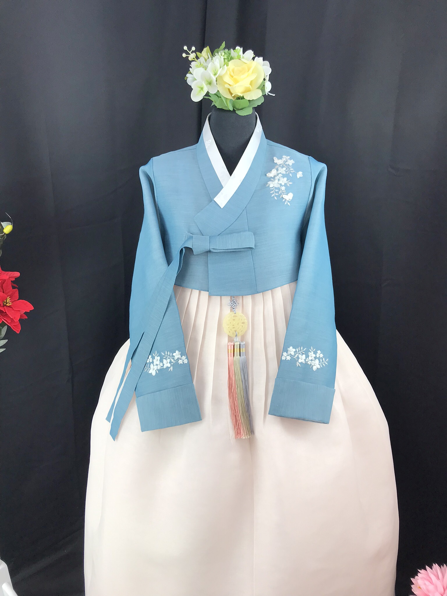 [한복대여]미인수한복 블루꽃나비 혼주 하객 여성 신부한복 돌잔치 결혼식 가족촬영 : 미인수 한복