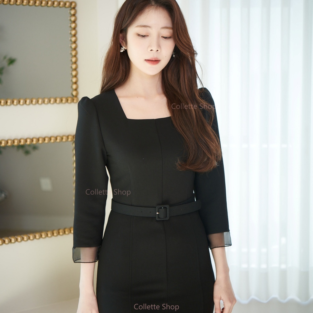 꼴레뜨샵 스퀘어넥 오간자 벨트 여자예복 슬림핏 미디 4월하객룩 결혼식 하객원피스 (블랙) : ColletteShop