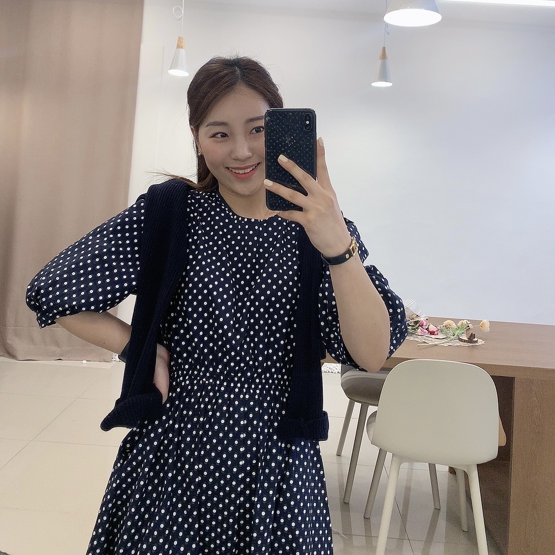 도트 원피스 플리츠 땡땡이 롱 여성 봄 퍼프 : 시즈에트