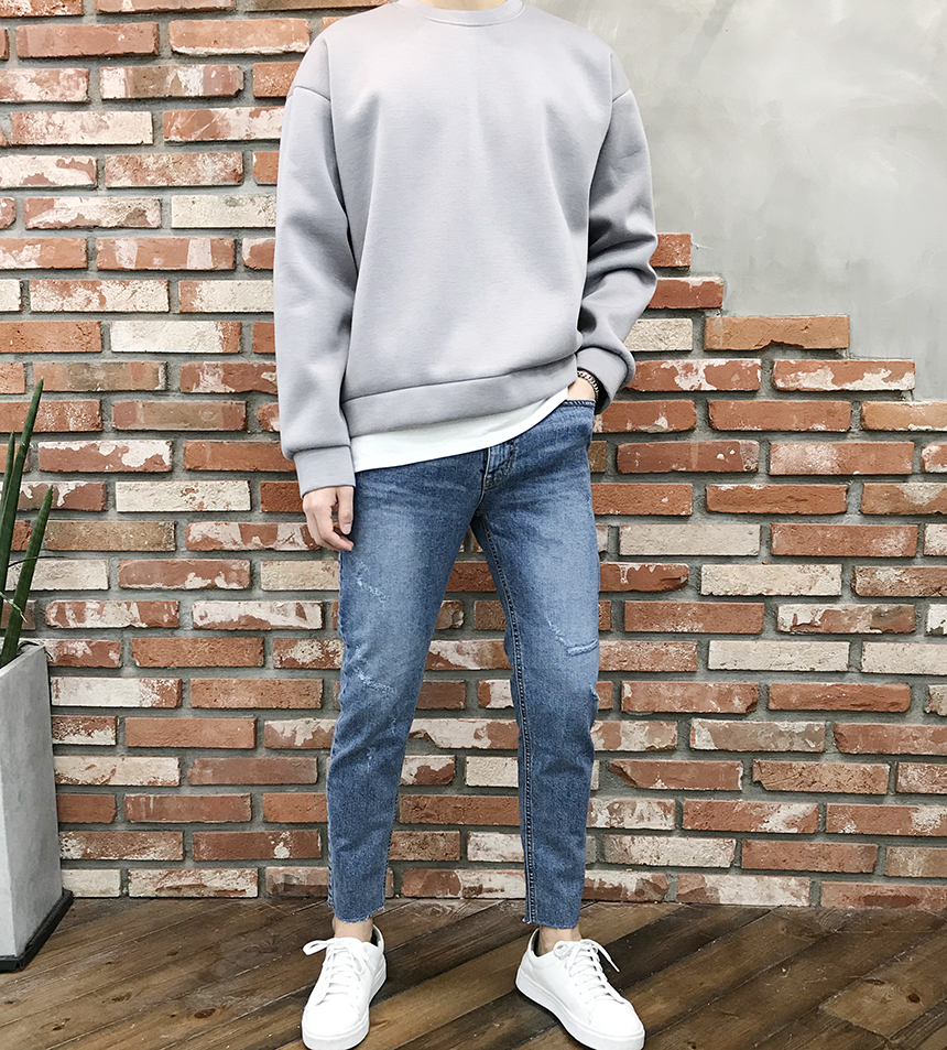 남자 청바지 스판 밑단 컷팅진 구제 워싱 데님 : 리턴옴므