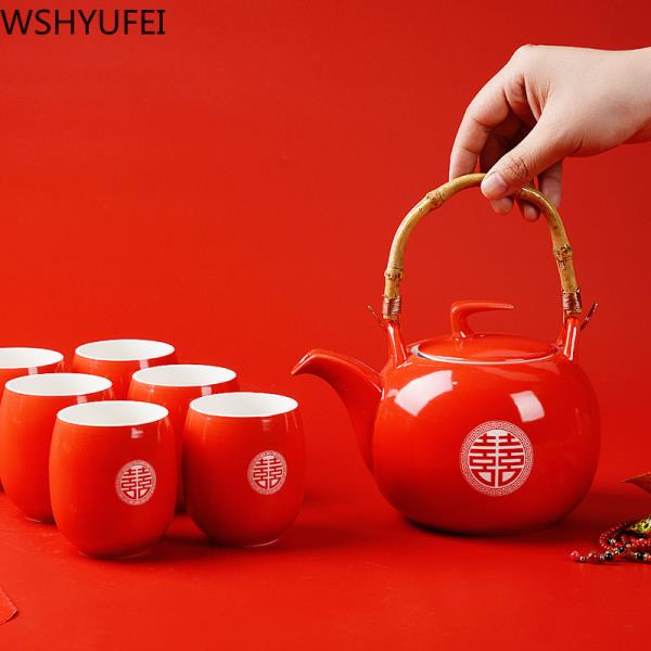 드롱기 WSHYUFEI 세라믹 레드 웨딩 주전자 선물 도자기 중국 스타일 웨딩 차 세트, 도자기 주전자 세트 필터 럭셔리 선물 : 두발로샾