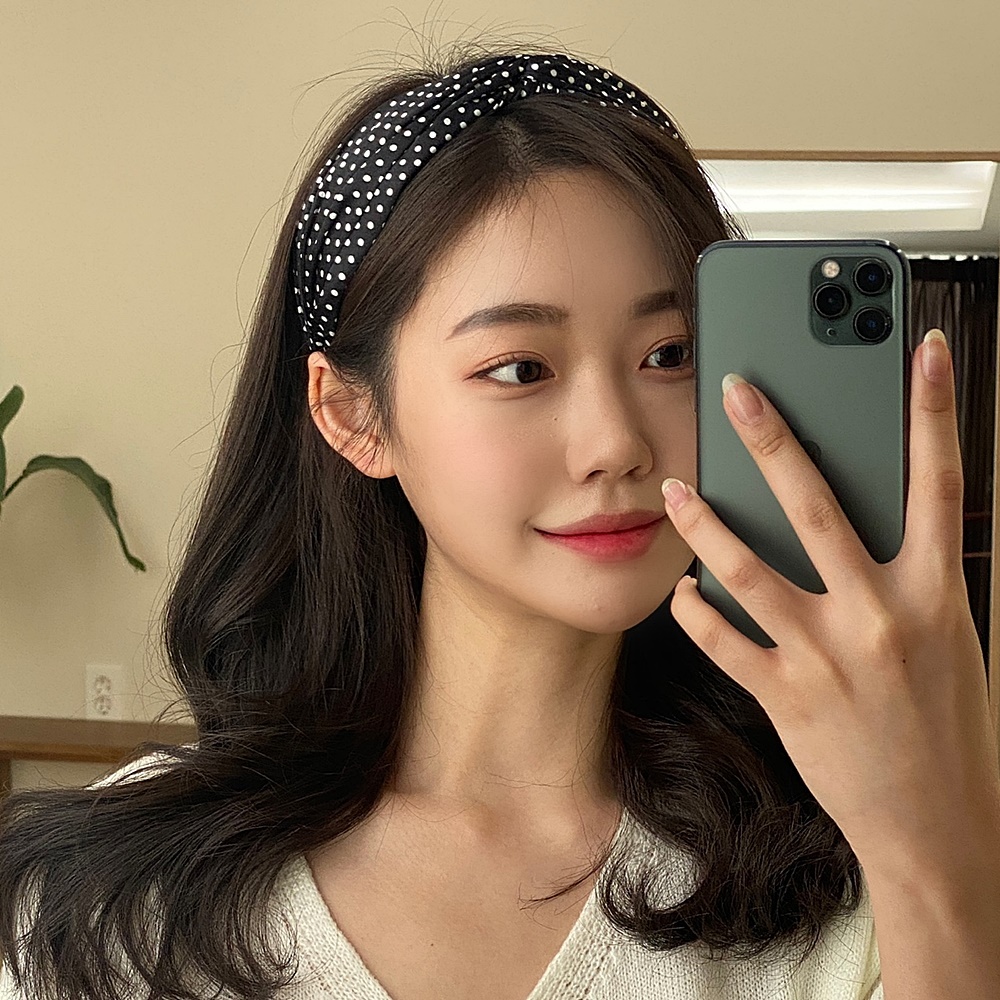 쉬폰 머리띠 블랙 앤 화이트 도트 땡땡이 꼬임 넓은 와이드 헤어밴드 : 라망수아