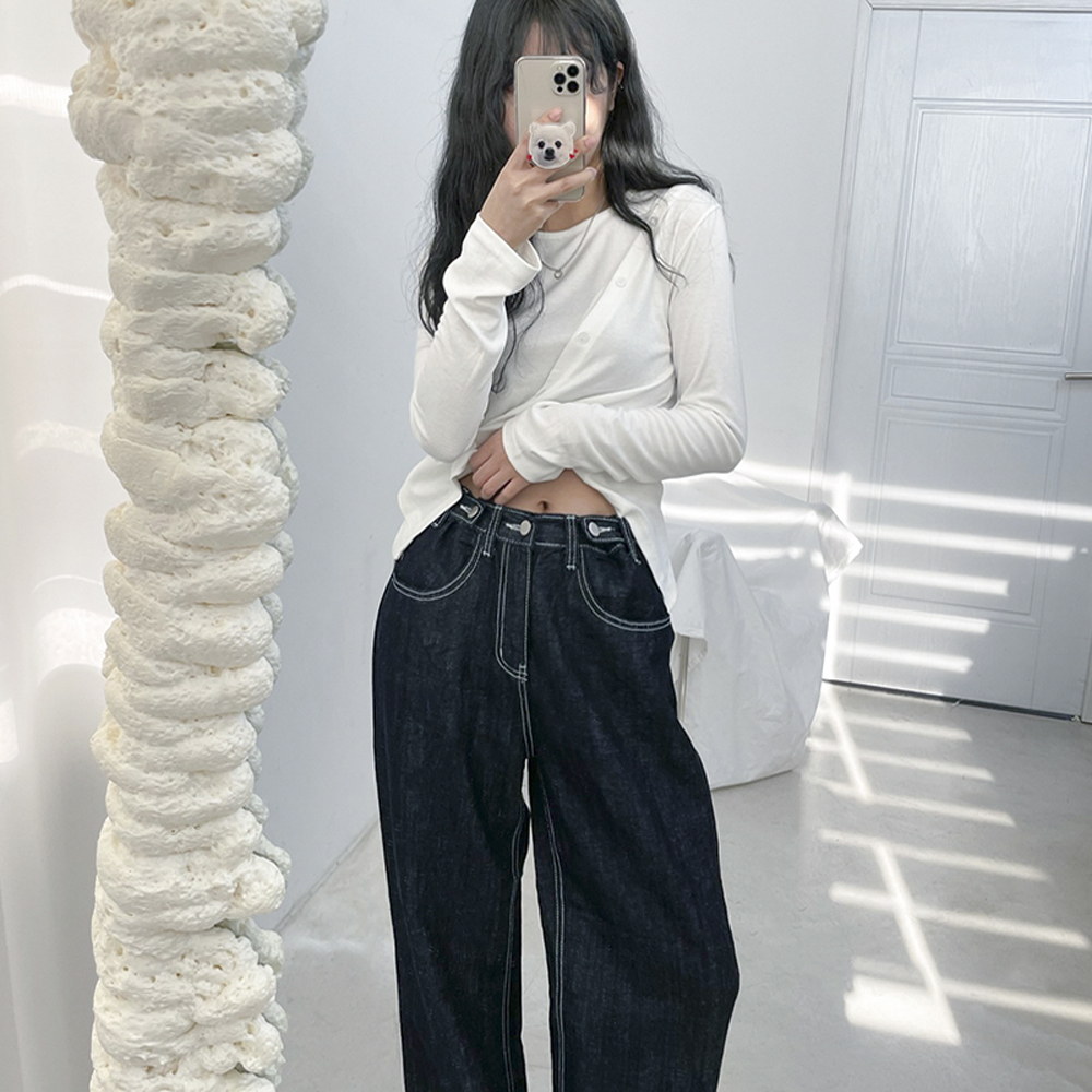 제이 생지 스티치 여성팬츠 롱 와이드 코튼 비죠팬츠 : 모어룸 주식회사