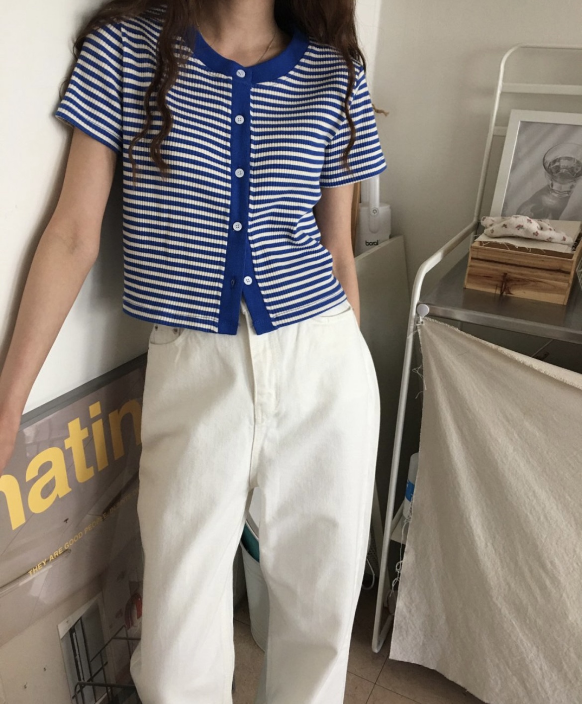 (블루SALE) MEETME 미트미 스트라이프 가디건 반팔티 2color : mavacation