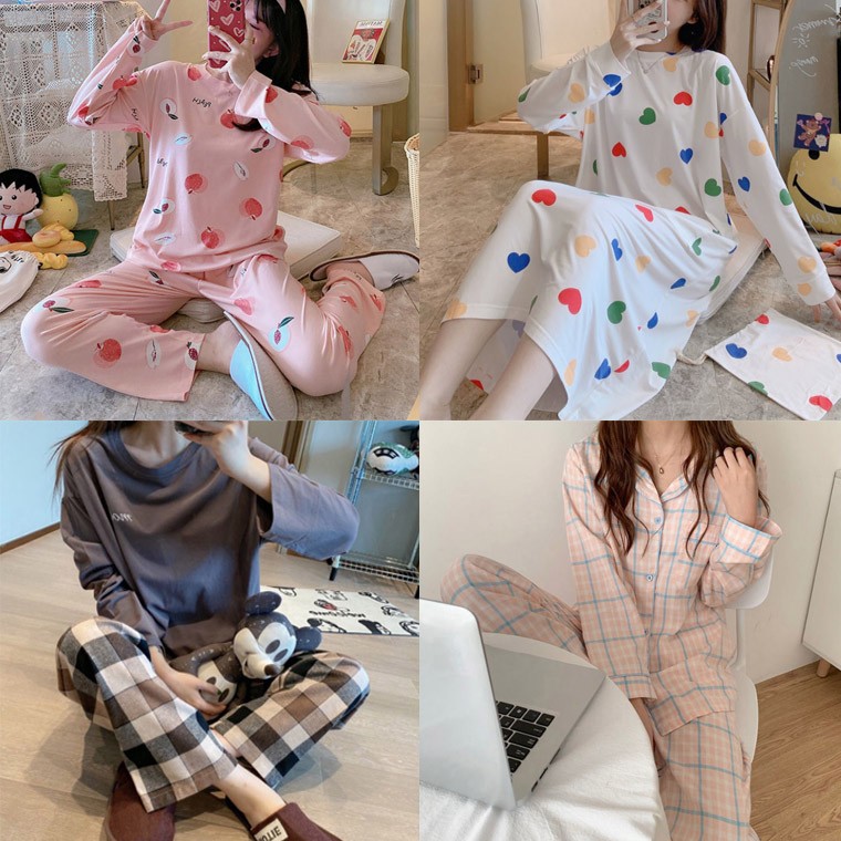 [무배] 여자 봄 가을 잠옷 원피스 동물 긴팔 캐릭터 파자마 투피스 홈웨어 프리 사이즈 : 새하얀여우네