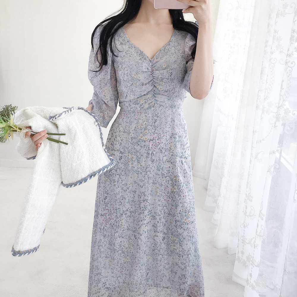 청순 하늘 어깨패드 플라워 쉬폰 롱 원피스 : 미쁨 MIBBEUM