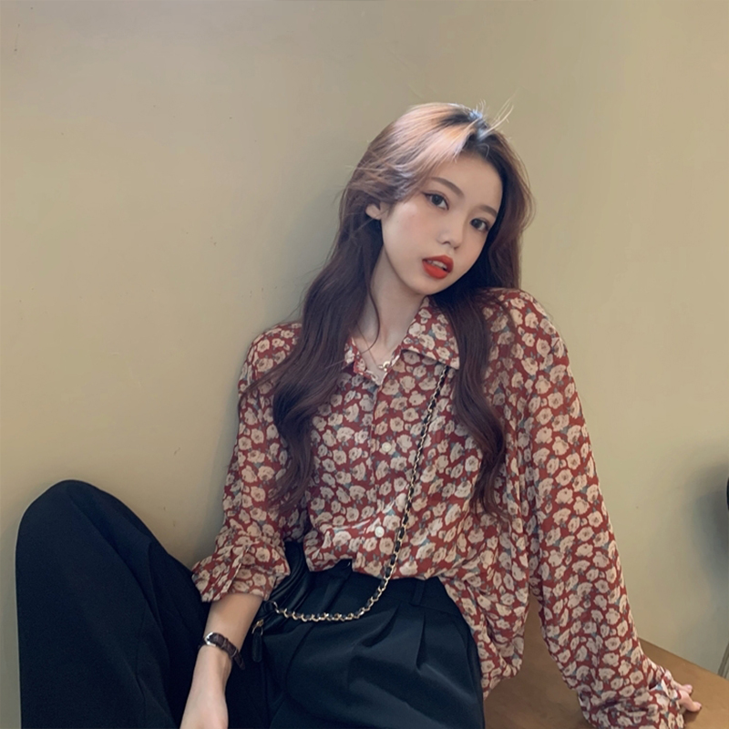 쉬폰래시가드 플라워 블라우스 여 여름 선염 봄가을 센스 작은 프렌치 빈티지 신상 상의 : 더 이젠클