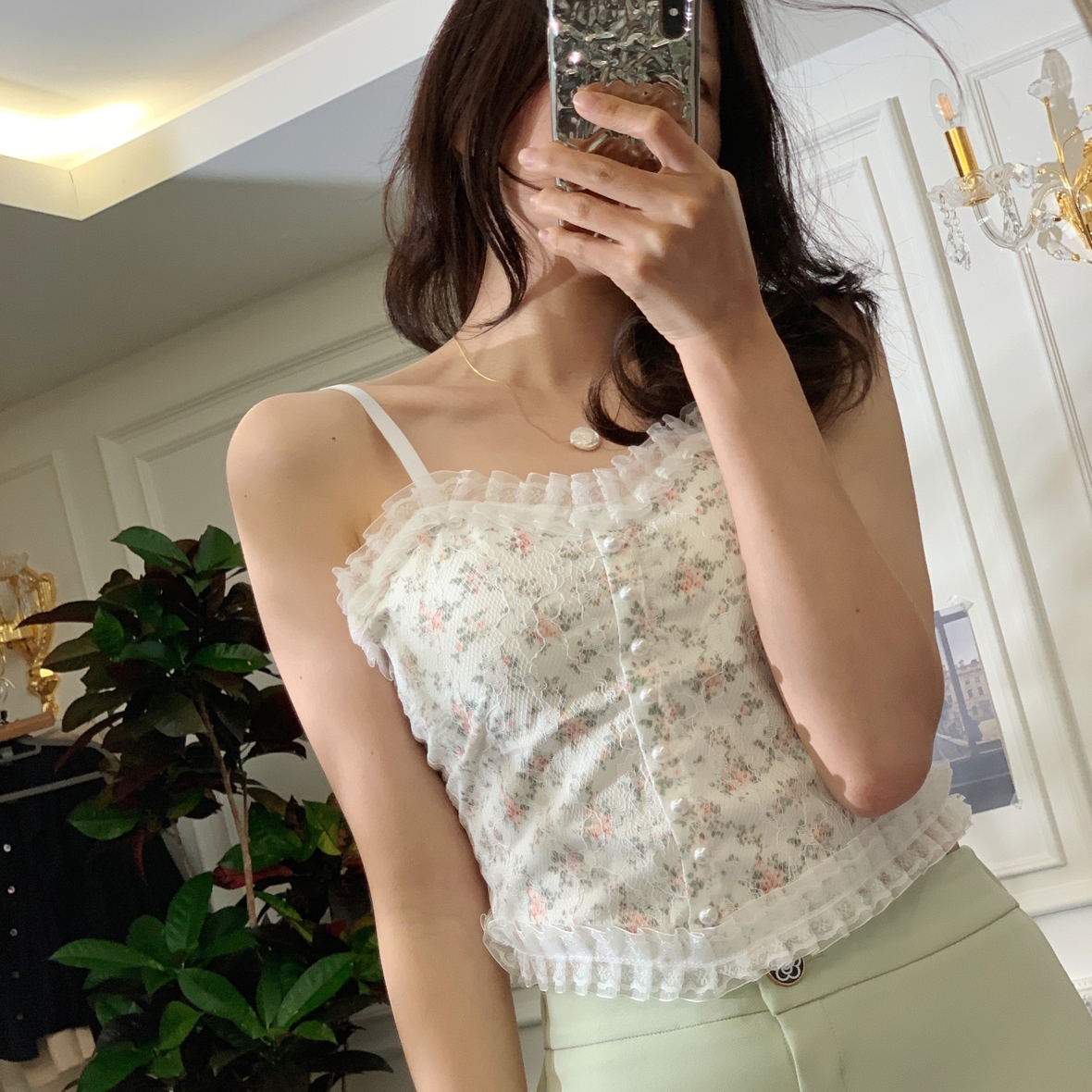 [숲의 아이 / 팅커벨 요정 무드] 펄 플라워 빈티지 하이틴 감성 크롭 나시 [2color] : 심스컬렉션
