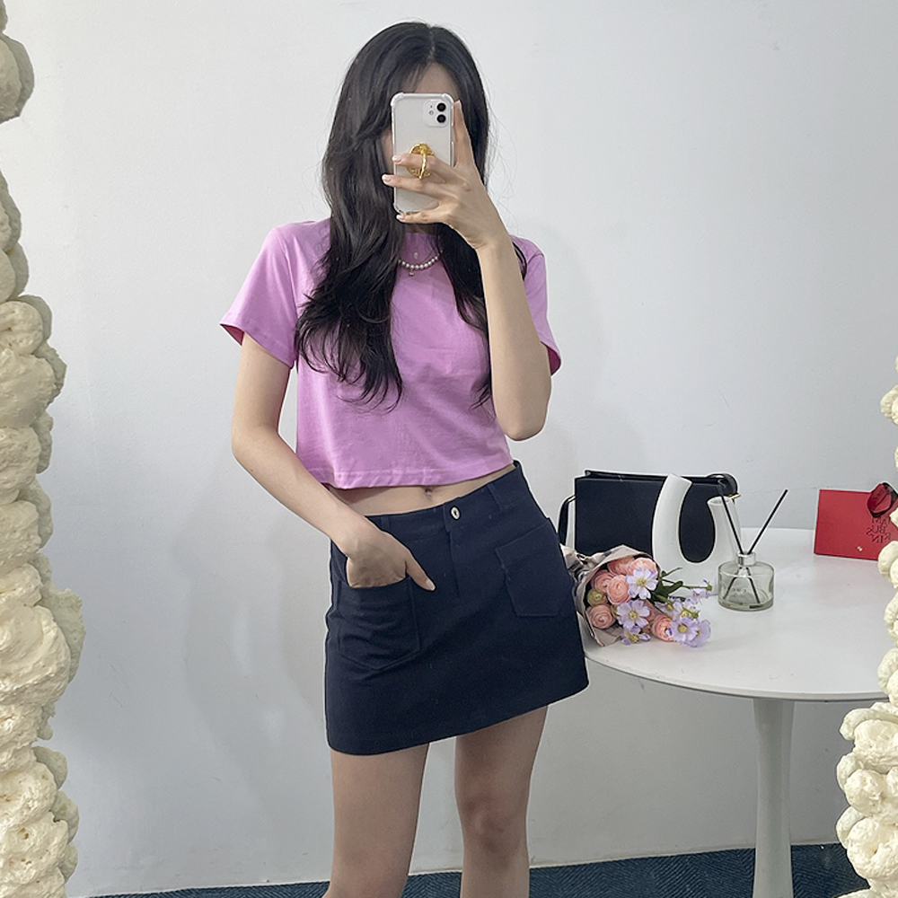1+1 어썸 면 베이직 라운드 무지 여자흰티 크롭 레이어드 반팔 티셔츠 : 모어룸 주식회사