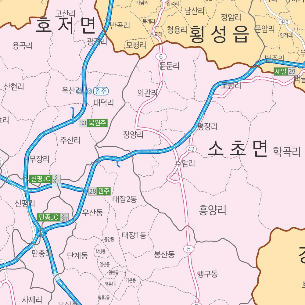 강원도 행정구역지도 (도로경계) 코팅 - 강원지도 거래처 현황 지점망도 : 나우맵