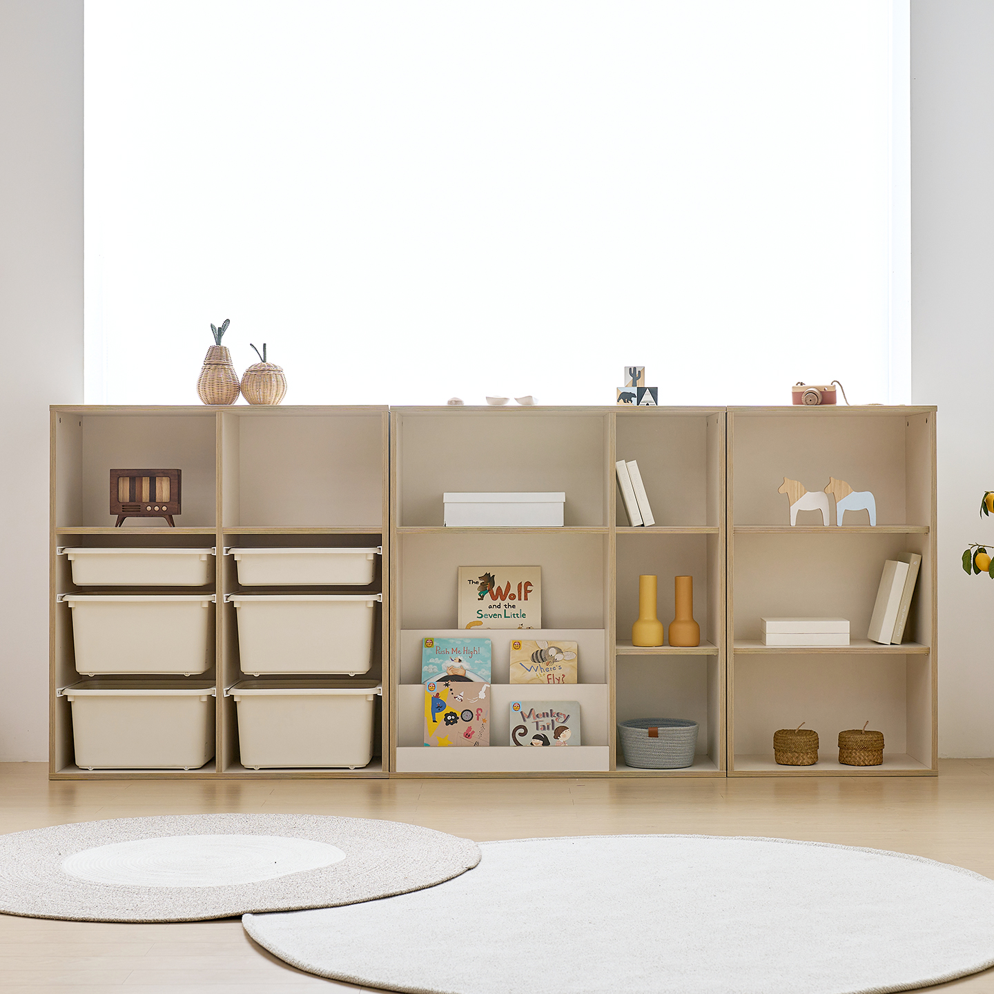 보노 아기 교구장 유아 키즈 책꽂이 수납장 바구니장 600x365x1060mm, 3단, 600 책장 화이트 : 룸핏디자인