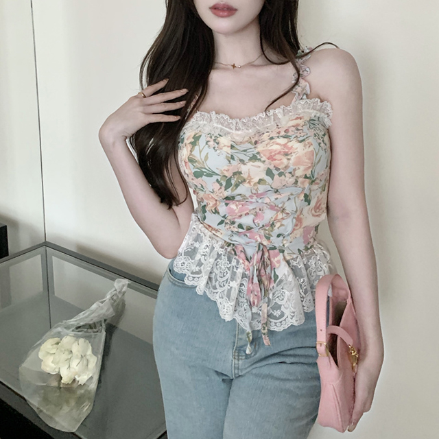 [채핏] 로벤 플라워레이스 나시 섹시글램 홀복 클럽 파티 블라우스 쉬폰 시스루 프릴 코르셋 아일렛 민소매 : 채핏