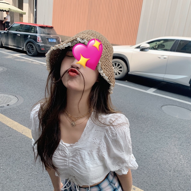 여성 레이스 버킷햇 벙거지 보닛햇 왕골 밀짚 모자 : 해시태그샾