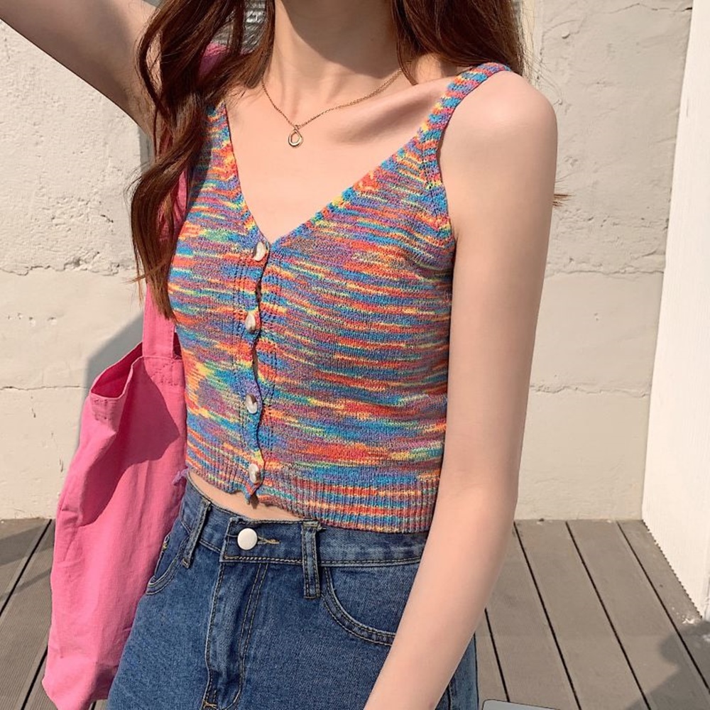 빈티지 레인보우 여름니트 크롭 뷔스티에 브이넥 버튼 나시 : 데이 에이치