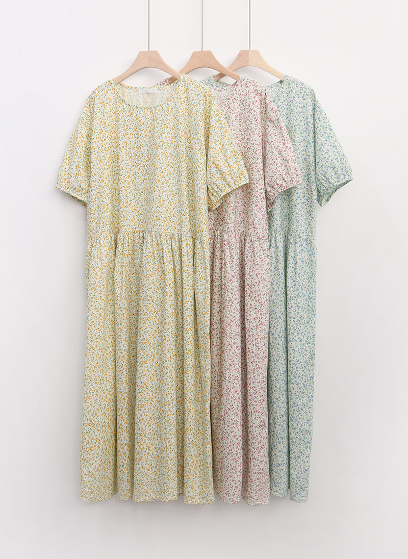 루즈핏 잔꽃 플라워 롱원피스 셔링 임산부 맘원피스 국내생산 옐로우 핑크 블루 3color : 원앤맘