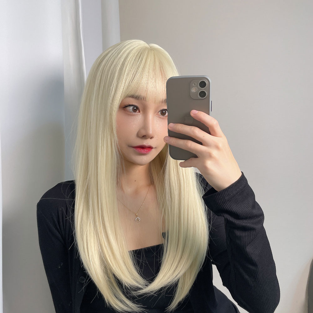 백금발 가발 코스프레 로리타 자연스러운 통가발 긴머리 패션 레몬 금발 : 루나미니