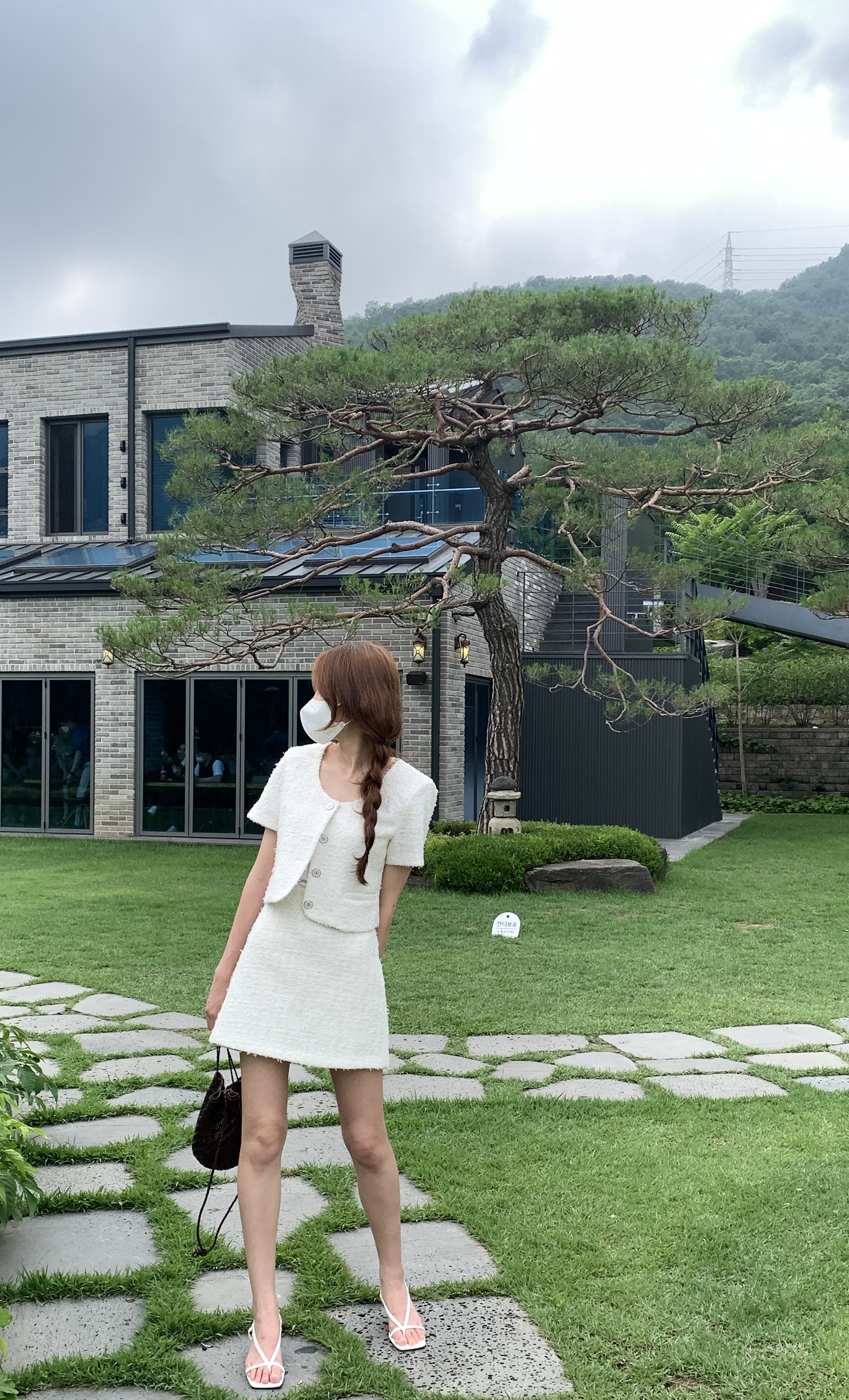 여성 봄 여름 가을 노카라 반팔 트위드 숏 자켓 아이보리 : 모어데이원