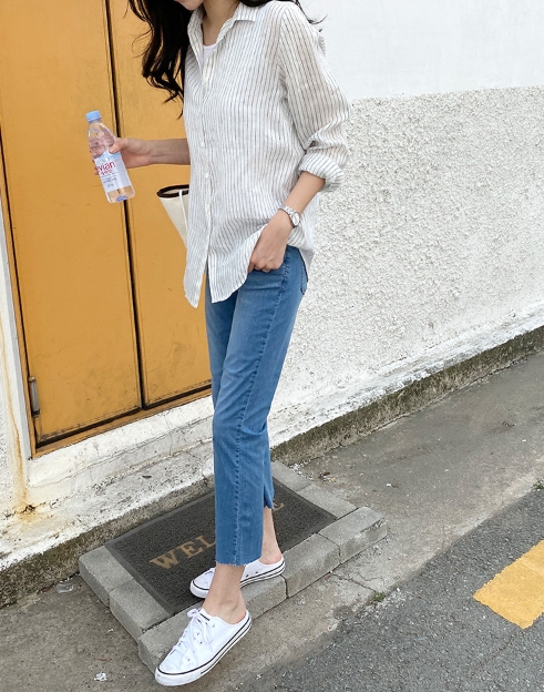 미샵 클래식 린넨 스트라이프 셔츠 여성린넨셔츠 여성여름셔츠 : 미샵