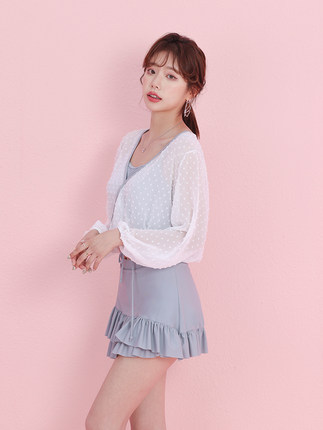 크롭탑 프릴 치마 수영복 체형 커버업 티 쓰리피스수영복 : 츄블레스유