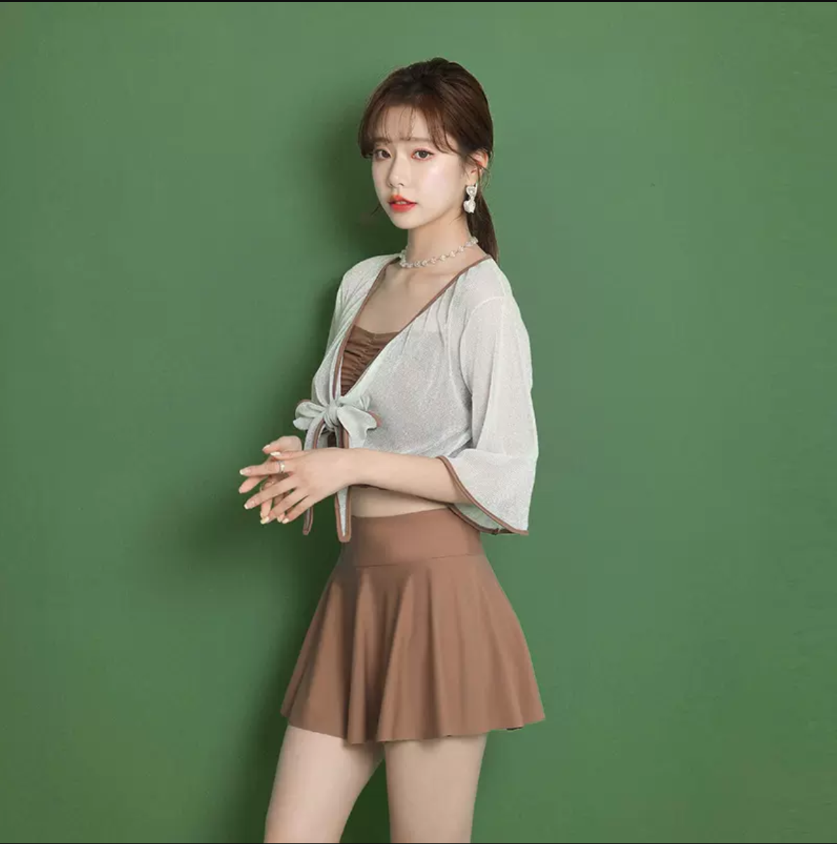 프릴 크롭탑 나시 하이웨스트 스커트 커버업 수영복 비치기디건 체형커버 쓰리피스수영복 : 츄블레스유