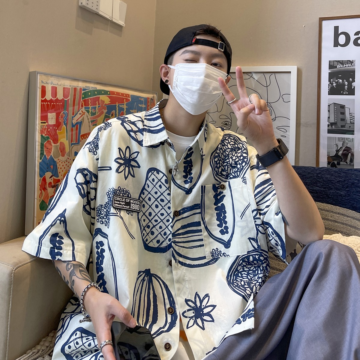 여름 커플 남자 조폭셔츠  하와이남방 깡패옷 빈티지 남자 꽃무늬 하와이안셔츠 꽃남방 오버핏 : 해피트리즈