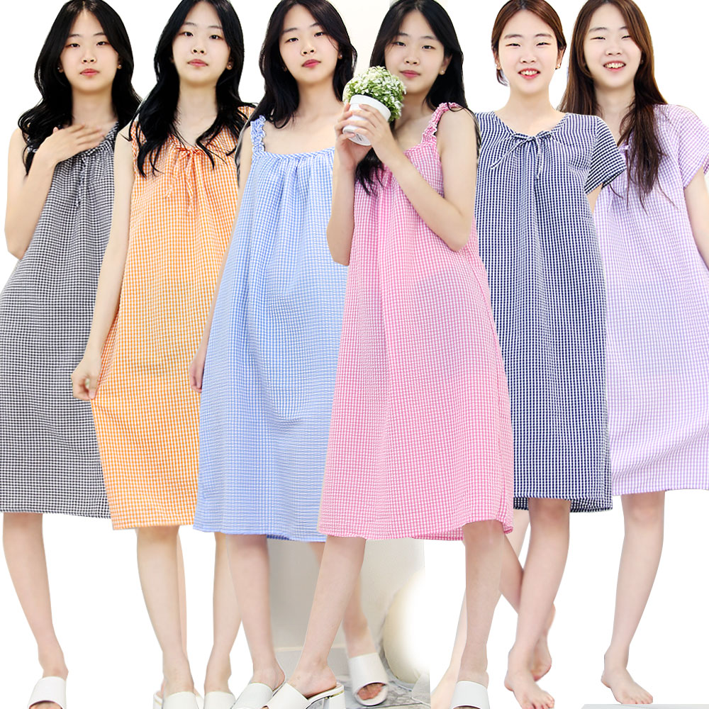 하랑이플 여름 지지미 반팔 나시 끈원피스 민소매원피스 여성 홈웨어 잠옷 원피스 : 하랑이플