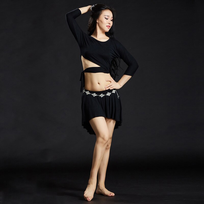 밸리 댄스복 의상 연습용 벨리 웨어 레슨 웨어 2피스 긴팔 댄싱 탑 오 넥 짧은 벨리 : 커미지샵