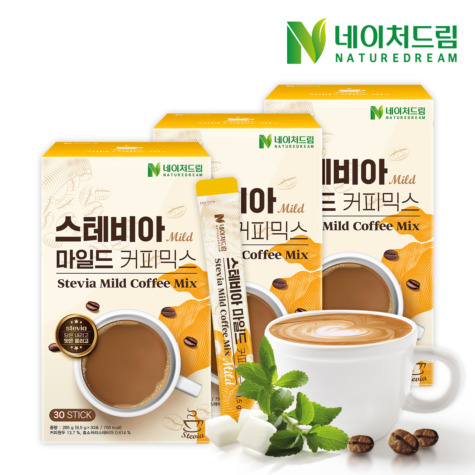 네이처드림 제로슈가 스테비아 커피믹스 마일드 9.5g 30포 1박스 : 네이처드림
