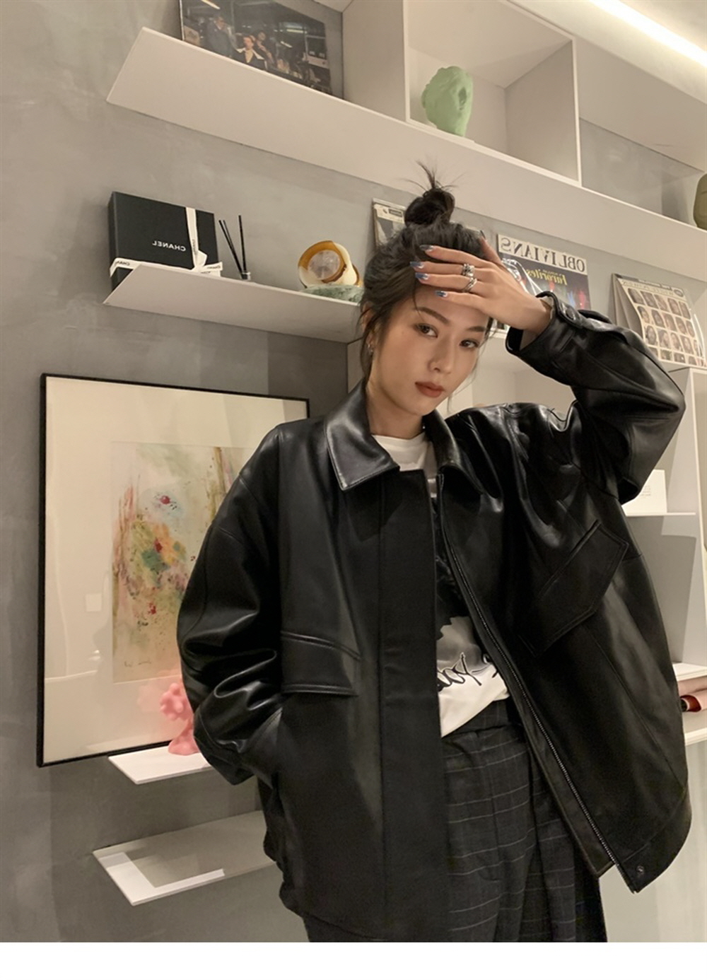 추동 기모항 빈티지 캐주얼 루즈핏 쿨맥스 블랙 지퍼 라이더 가죽 : 글로벌랜드구매대행