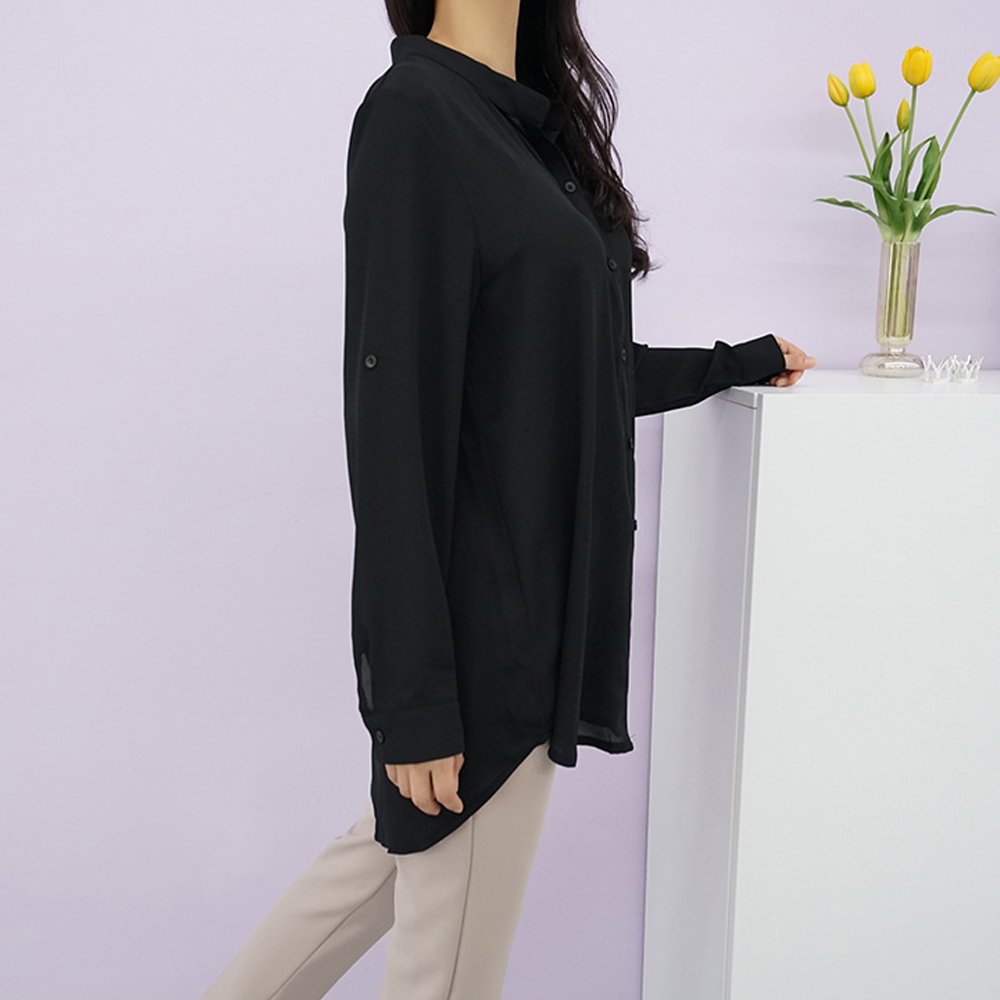 (빅사이즈NA) 차이나카라 브이넥 루즈핏 기본 고급 긴팔 블라우스 : 하하네빅사이즈