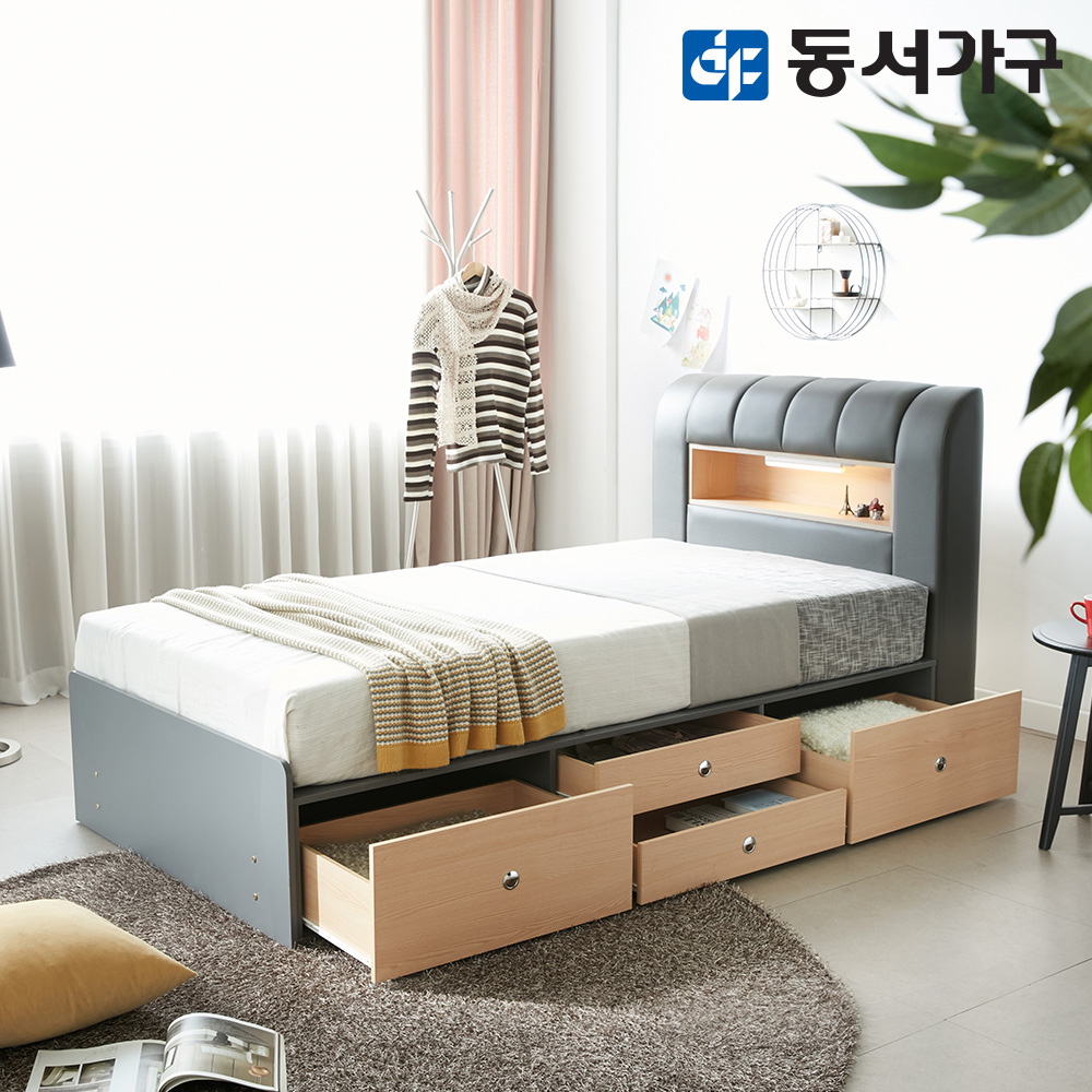 동서가구 라임 LED 가죽 4서랍 슈퍼싱글 침대+편백황토숯 9존독립 매트리스 DF643236 : 동서가구 스토어