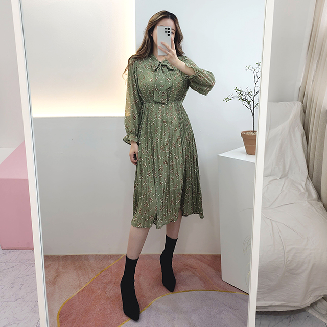 무배 플리츠 주름 리본 쉬폰 하늘하늘 플라워 롱 원피스 가을 얇은긴팔 간절기 3컬러 : 비니케이즈샵