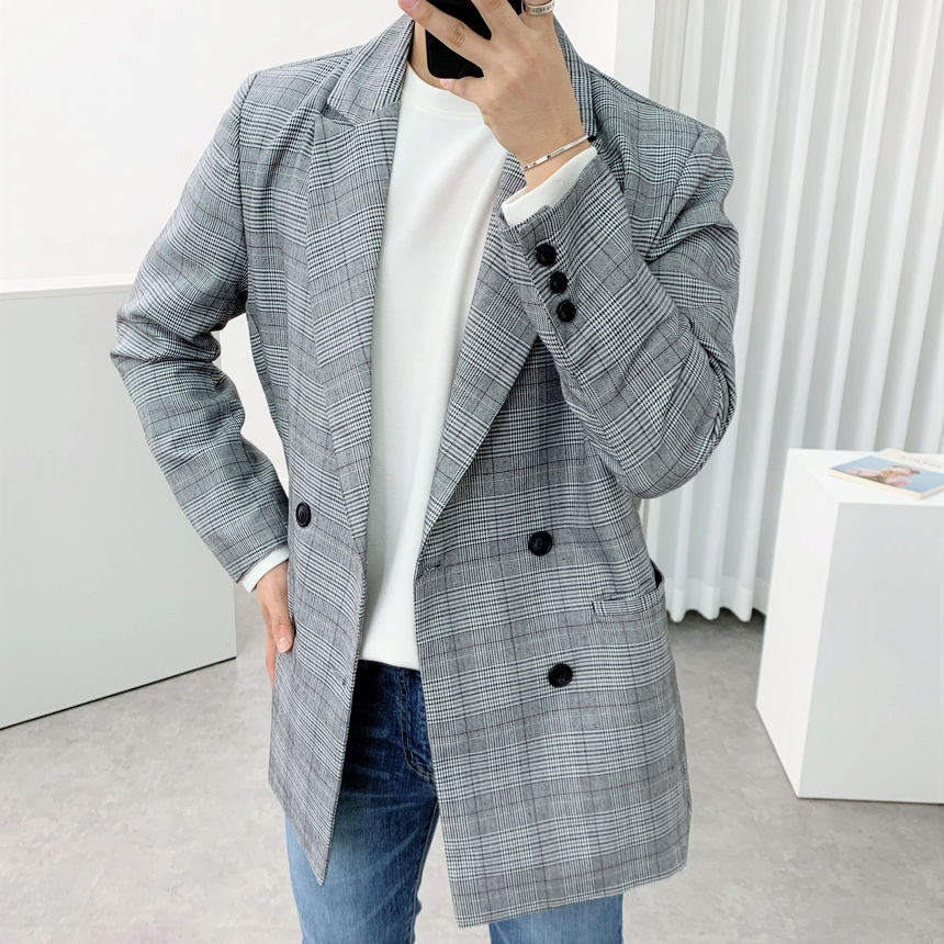 남자더블자켓 체크 오버핏블레이저 남성가을자켓 : 포앤유