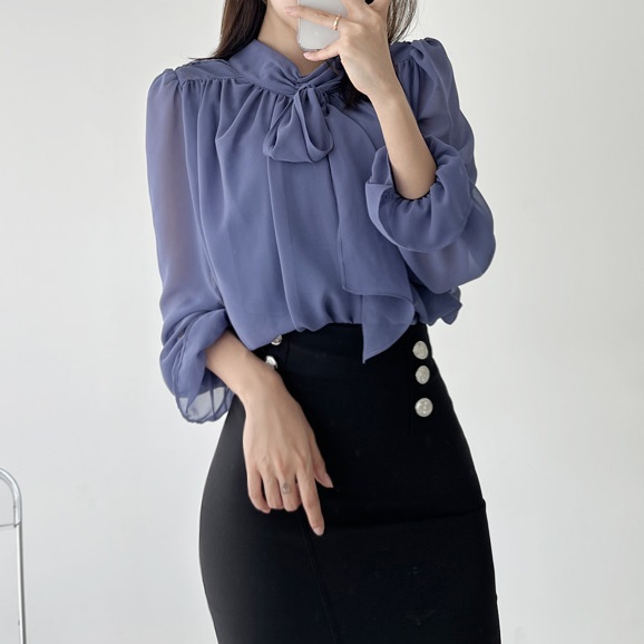 시스루 셔링 소매 블라우스 3컬러 파티룩 : 블루빔