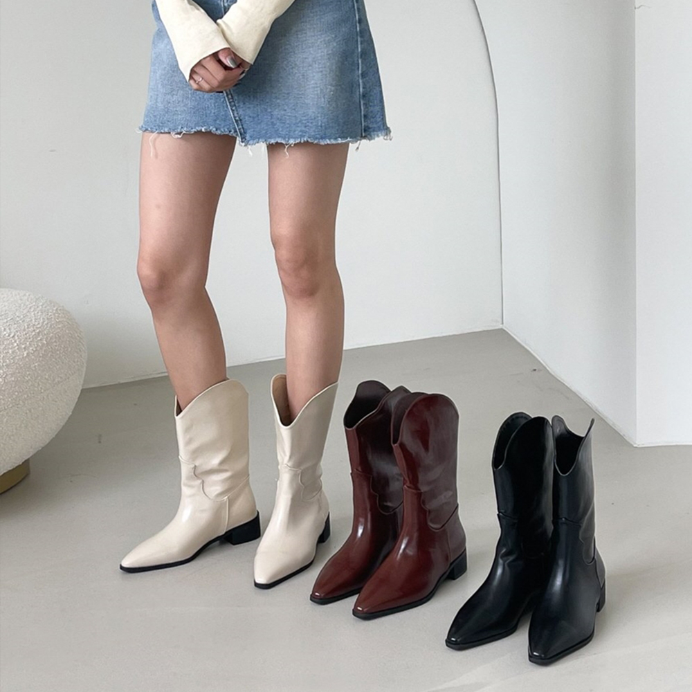통넓은 스텔레토 미들 웨스턴 롱 부츠 : 유니모노
