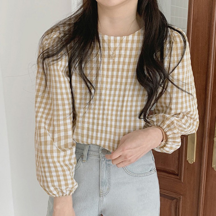 셔츠 러블리 블라우스 벌룬 소매 브라우스 상의 나들이 고방 체크 옷 추천 여성 여자 패션 트렌드 스타일 가을 겨울 데이트 룩북 외출 사무실... 