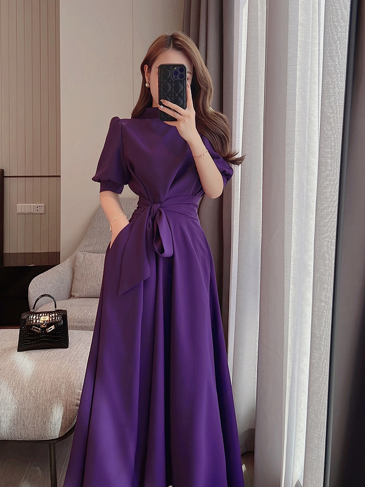 수입 퍼플 반팔 리본 미디 프릴 원피스 보라 드레스 파티 상견례 소개팅 오피스룩 명품 럭셔리 면접 돌잔치엄마 연예인 참관수업 동창회 모임... 