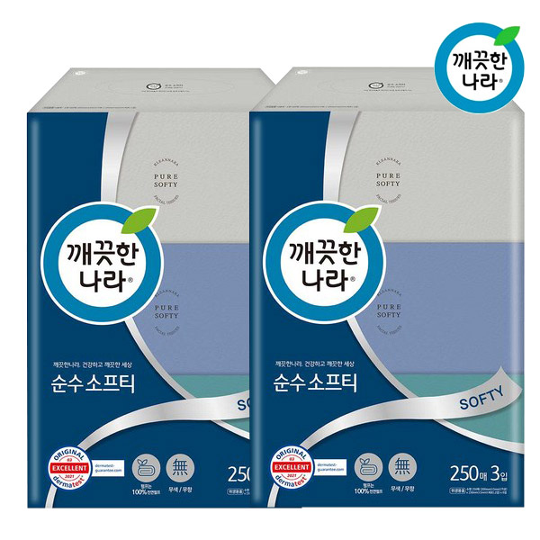 깨끗한나라 천연펄프 순수소프티 미용티슈 2겹 250매 3개입 2팩 : 맨도롱생활건강