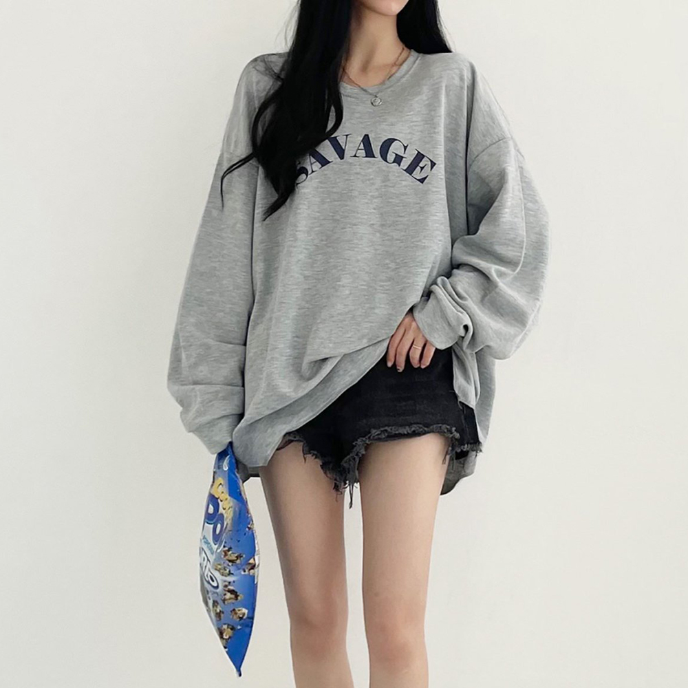 국산 여자 그린 캐주얼 레터링 긴팔 오버핏 박스 맨투맨 티셔츠 : 세이러브
