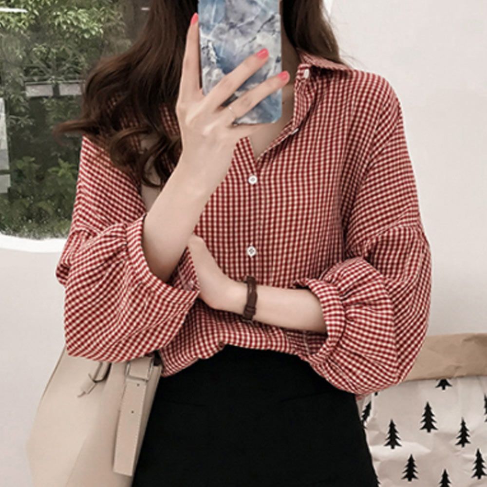 캐주얼 체크 블라우스 여성 직장인 셔츠 데일리 남방 p90 여자 가을 빅카라 오버핏 : 쇼핑 is back