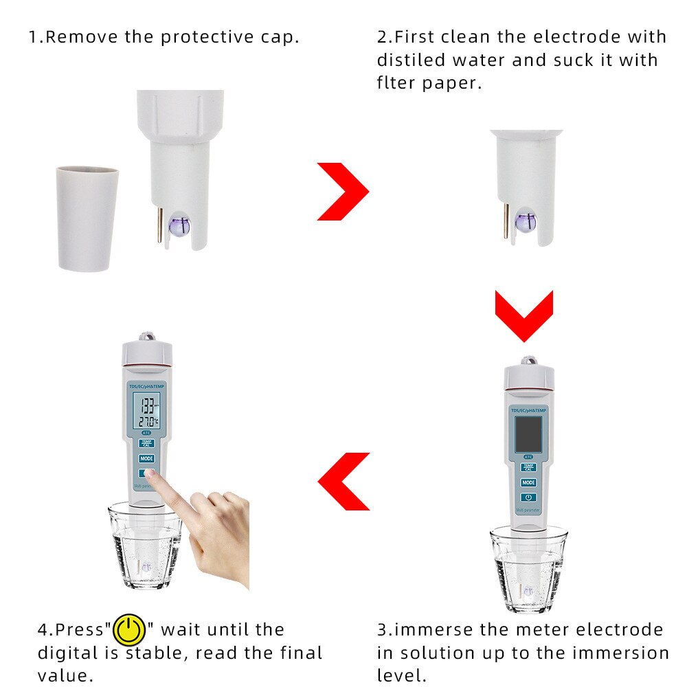 4-in-1 고정밀 휴대용 PH/EC/TDS/온도 산-베이스 경도 전도도 Tds 수질 테스트 펜 분석 산성 : 미소미팔