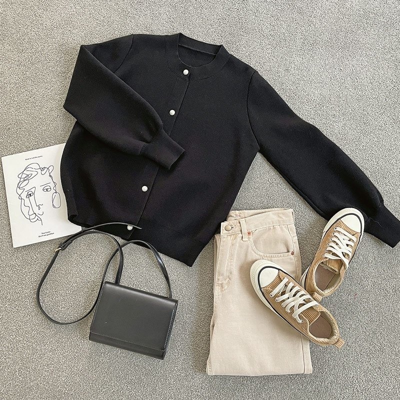 무배 고퀄원단 보들 도톰 데일리 따뜻 진주 셔링 퍼프 소매 니트 가디건 : 쏠지