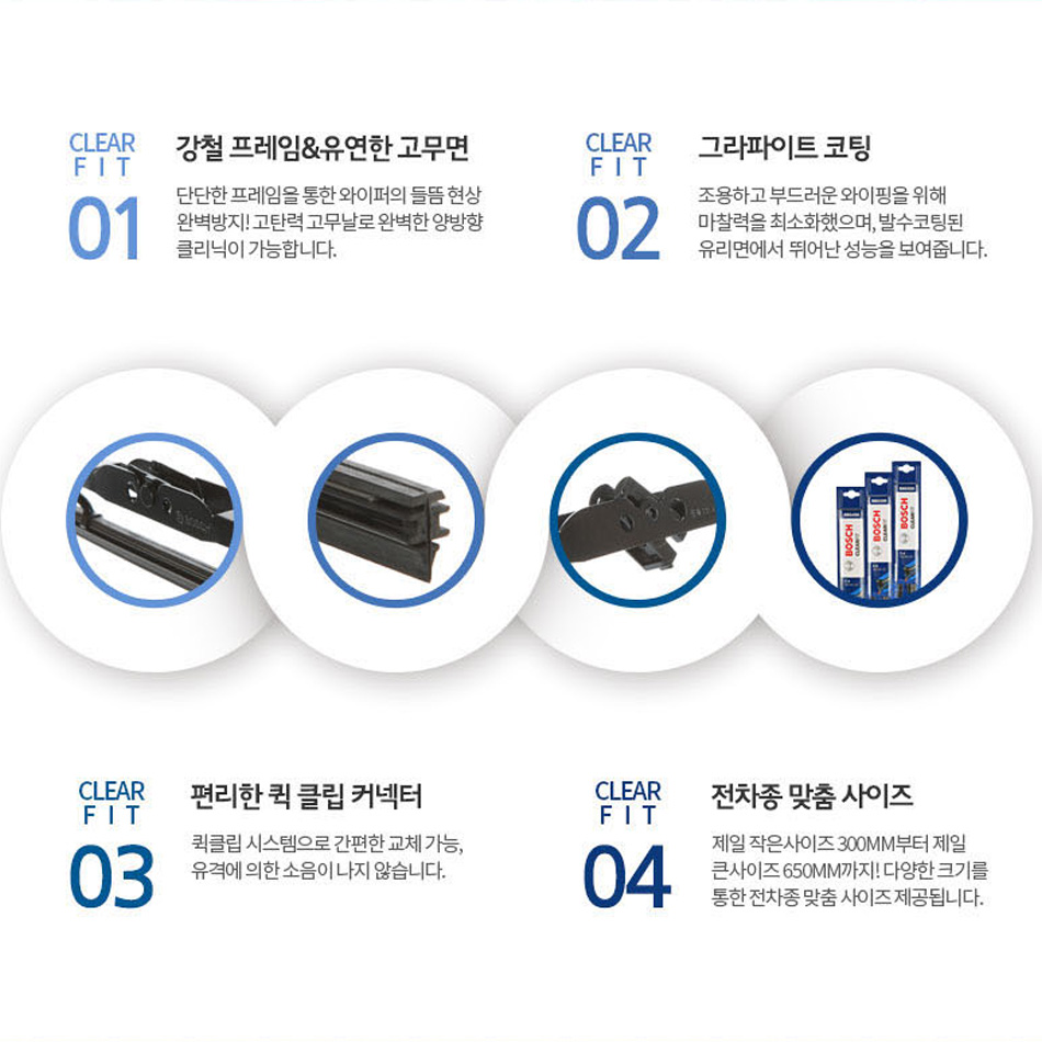 보쉬 클리어핏 자동차 잘닦이는 발수 와이퍼 무소음 1P : 케이원모터스
