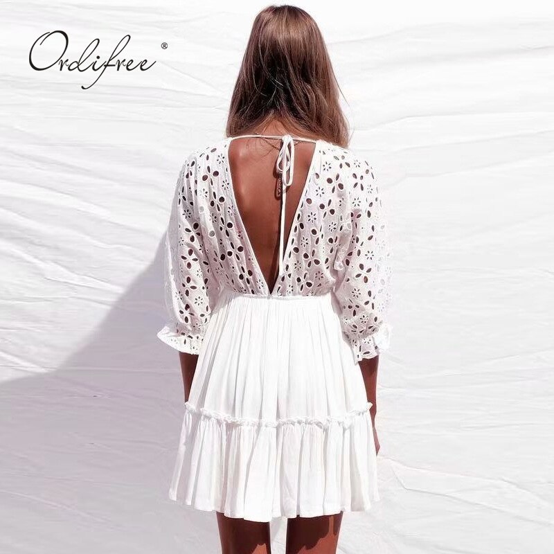 Summer Bohomian Women Embroidery Mini Dress Half Sleeve Short   Backless Cotton W[A00075006] : 제이디넷1000