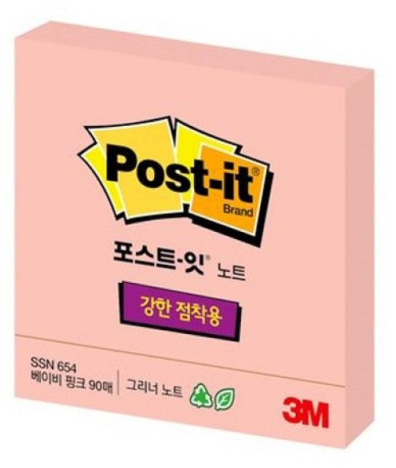 3M 포스트잇 슈퍼스티키 노트 654-SSN 베이비핑크 76mm x 76mm 강한점착용 90매 메모지 : 동진엠알오