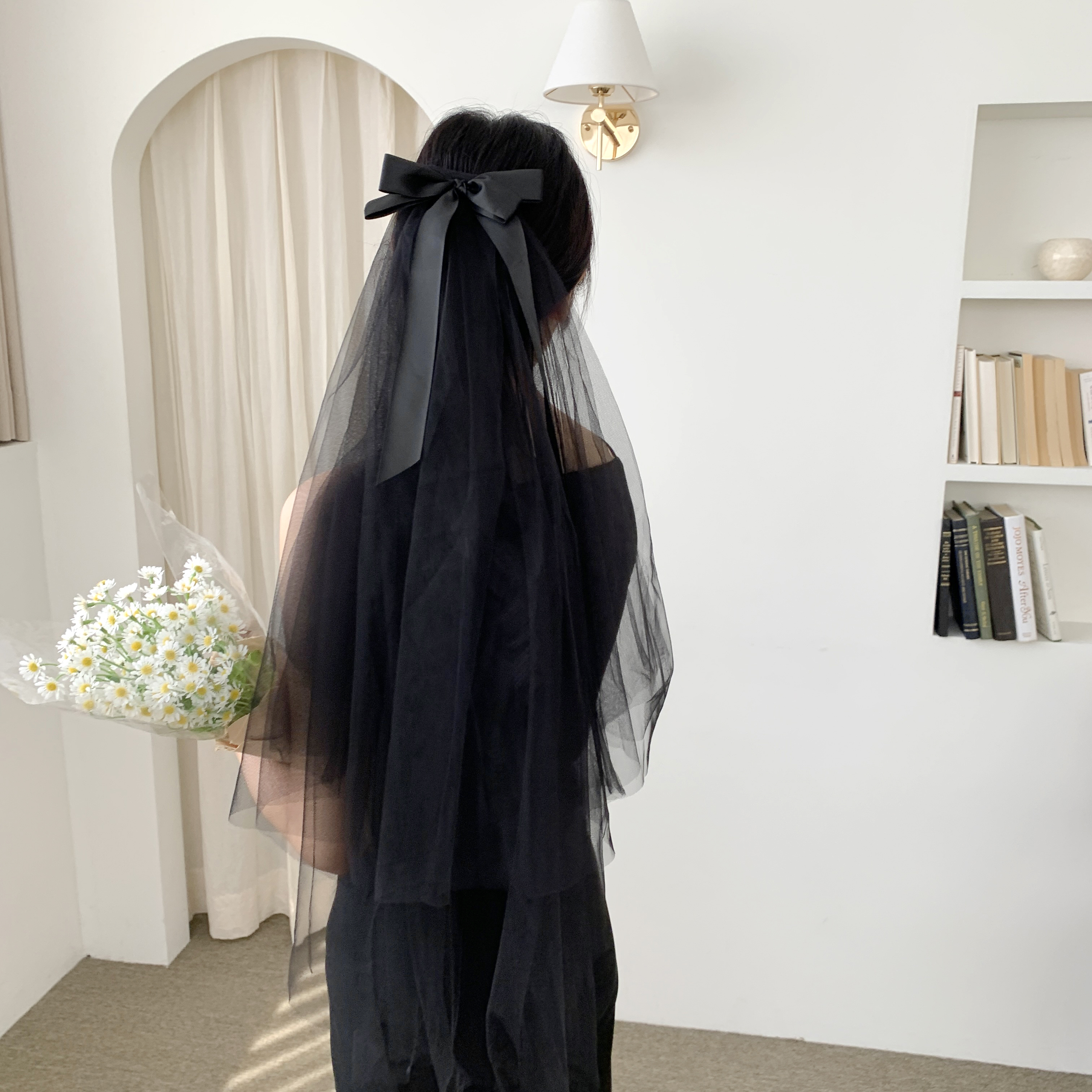 블랙 리본 베일, 셀프웨딩 브라이덜샤워 스냅촬영 헤어 소품 파티 코스튬 : 모반디