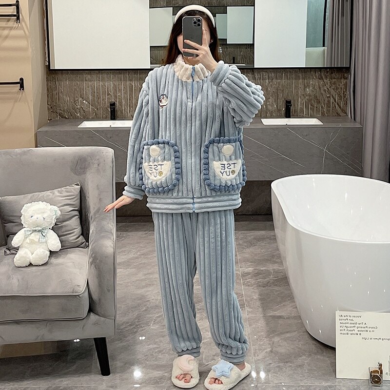 코랄 플리스 파자마 여성용 산성 블루 플란넬 가디건 두꺼운 안감 패션 정장 홈웨어 가을 겨울 상품 : 밀키웨이311